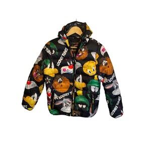 Members Only Looney Tunes Kids Print Puffer Jacket‎ Hooded Multi Color Sz 18